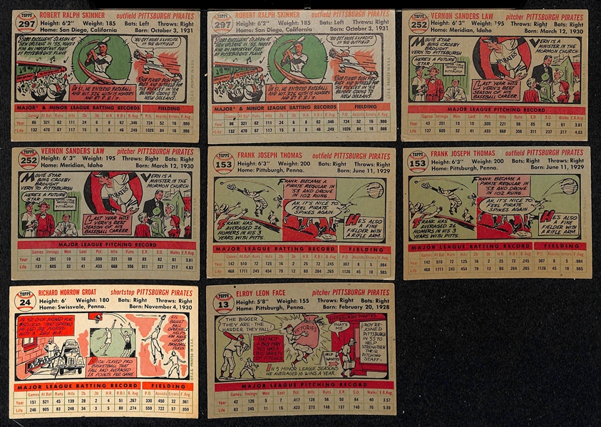 Lot of (21) Signed 1956 Topps Pirates Baseball Cards w. (2) Skinner, (2) Law, (2) Thomas, Groat, and Face,  + (JSA Auction Letter) 