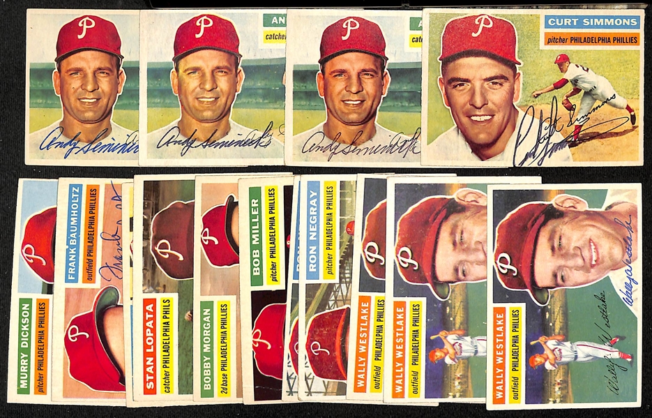 Lot of (15) Signed 1956 Topps Phillies Cards w. (3) Seminick and Simmons, + (JSA Auction Letter)