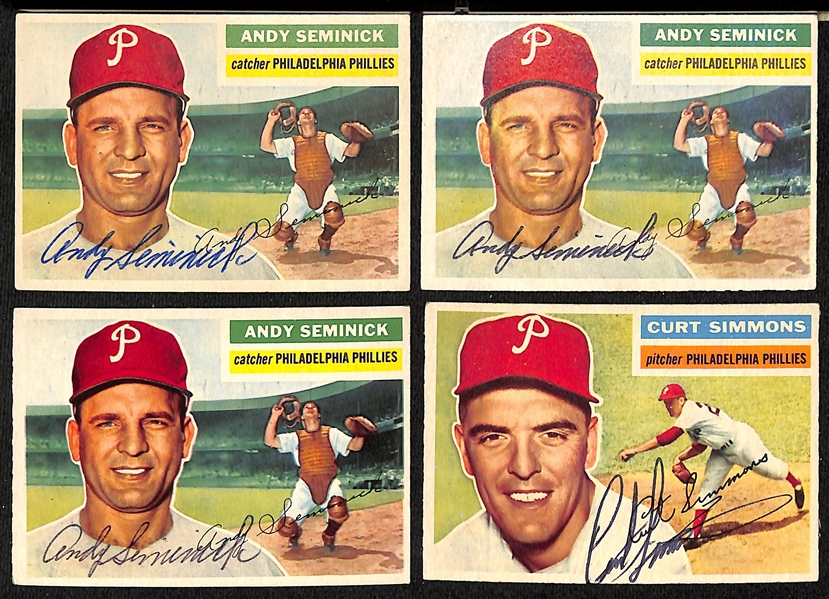 Lot of (15) Signed 1956 Topps Phillies Cards w. (3) Seminick and Simmons, + (JSA Auction Letter)