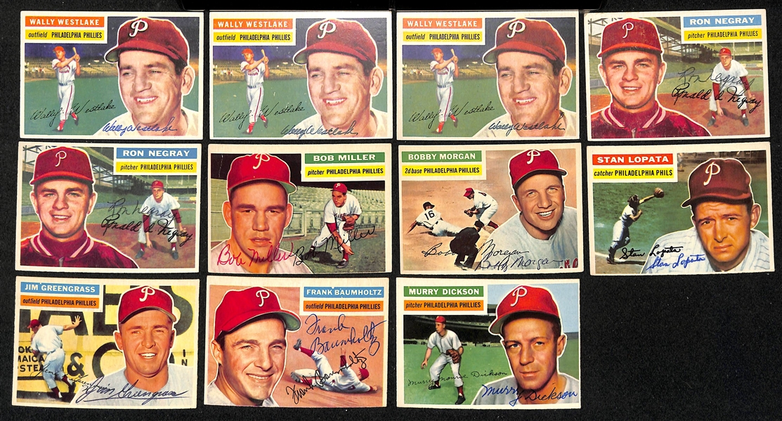 Lot of (15) Signed 1956 Topps Phillies Cards w. (3) Seminick and Simmons, + (JSA Auction Letter)