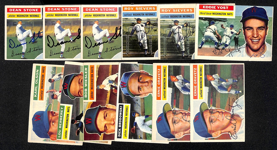 Lot of (12) Signed 1956 Topps Washington Nationals Cards w. (3) Stone, (2) Sievers, and Yost, + (JSA Auction Letter)