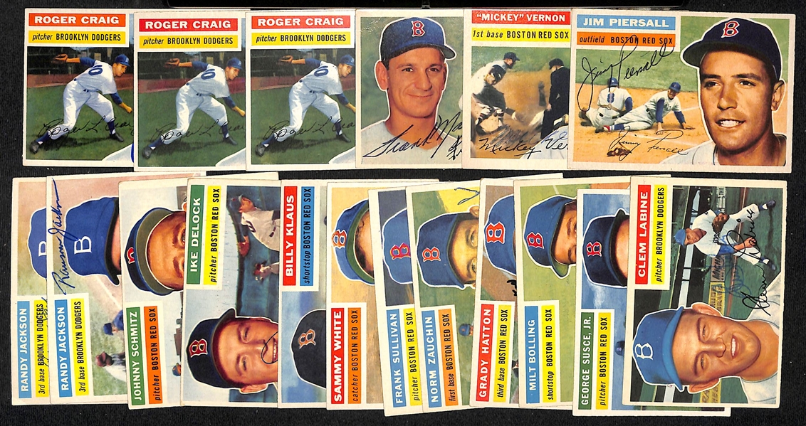 Lot of (18) Signed 1956 Topps Red Sox & Dodgers Cards w. (3) Craig, Malzone, Vernon, and Piersall, + (JSA Auction Letter)