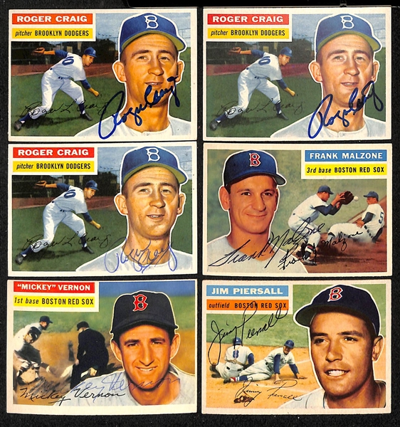 Lot of (18) Signed 1956 Topps Red Sox & Dodgers Cards w. (3) Craig, Malzone, Vernon, and Piersall, + (JSA Auction Letter)