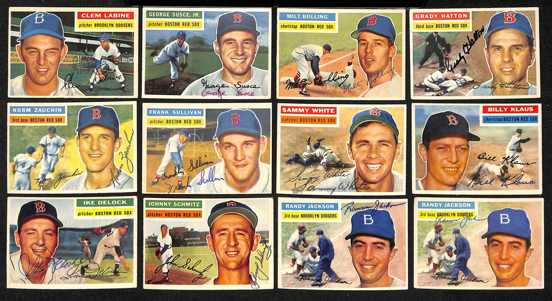 Lot of (18) Signed 1956 Topps Red Sox & Dodgers Cards w. (3) Craig, Malzone, Vernon, and Piersall, + (JSA Auction Letter)