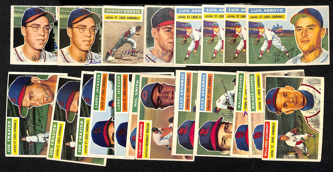 Lot of (20) Signed 1956 Topps Cardinals Cards w. (2) Virdon, Haddix, Blasingame, and (4) Arroyo, + (JSA Auction Letter)