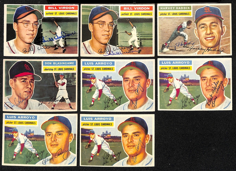 Lot of (20) Signed 1956 Topps Cardinals Cards w. (2) Virdon, Haddix, Blasingame, and (4) Arroyo, + (JSA Auction Letter)