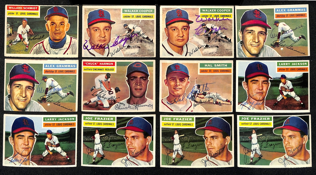 Lot of (20) Signed 1956 Topps Cardinals Cards w. (2) Virdon, Haddix, Blasingame, and (4) Arroyo, + (JSA Auction Letter)