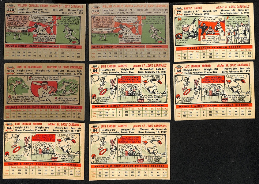 Lot of (20) Signed 1956 Topps Cardinals Cards w. (2) Virdon, Haddix, Blasingame, and (4) Arroyo, + (JSA Auction Letter)