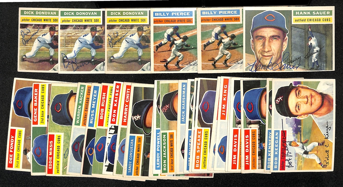 Lot of (32) Signed 1956 Topps Cubs & White Sox Cards w. (3) Donovan, (2) Pierce, and Sauer, + (JSA Auction Letter).