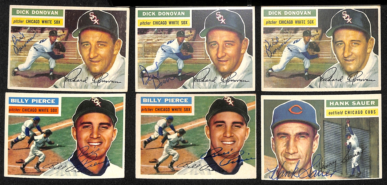 Lot of (32) Signed 1956 Topps Cubs & White Sox Cards w. (3) Donovan, (2) Pierce, and Sauer, + (JSA Auction Letter).