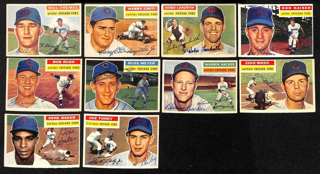 Lot of (32) Signed 1956 Topps Cubs & White Sox Cards w. (3) Donovan, (2) Pierce, and Sauer, + (JSA Auction Letter).