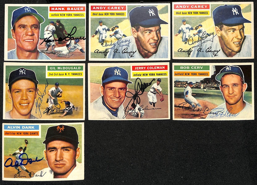 Lot of (21) Signed 1956 Topps Yankees & NY Giants Cards w. Bauer, (2) Carey, McDougald, Coleman, Cerv, and Dark, + (JSA Auction Letter)