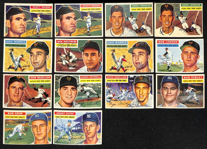 Lot of (21) Signed 1956 Topps Yankees & NY Giants Cards w. Bauer, (2) Carey, McDougald, Coleman, Cerv, and Dark, + (JSA Auction Letter)