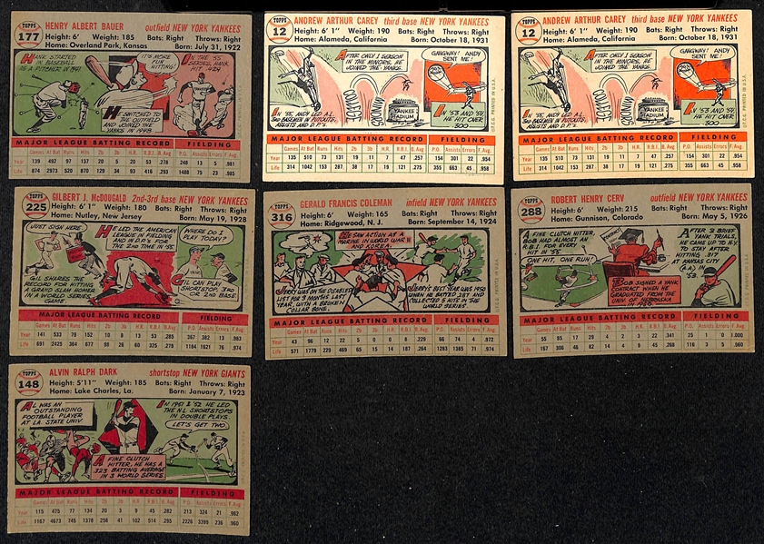 Lot of (21) Signed 1956 Topps Yankees & NY Giants Cards w. Bauer, (2) Carey, McDougald, Coleman, Cerv, and Dark, + (JSA Auction Letter)