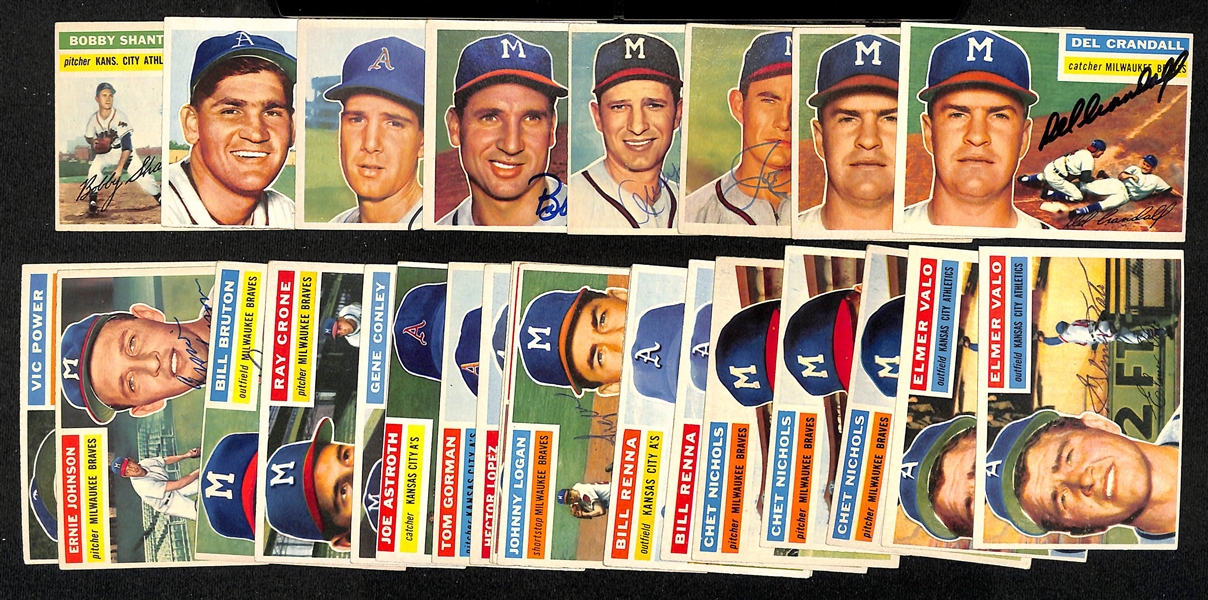 Lot of (27) Signed 1956 Topps A's & Braves w. Shantz, Kellner, Ditmar, Thomson, Pafko, Adcock, (2) Crandall, + (JSA Auction Letter) 