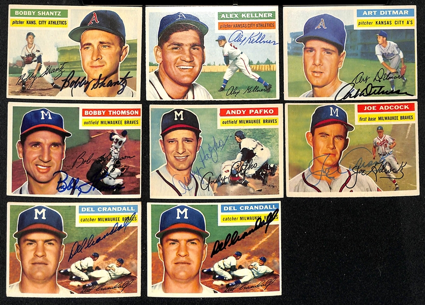 Lot of (27) Signed 1956 Topps A's & Braves w. Shantz, Kellner, Ditmar, Thomson, Pafko, Adcock, (2) Crandall, + (JSA Auction Letter) 