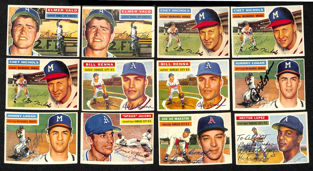 Lot of (27) Signed 1956 Topps A's & Braves w. Shantz, Kellner, Ditmar, Thomson, Pafko, Adcock, (2) Crandall, + (JSA Auction Letter) 