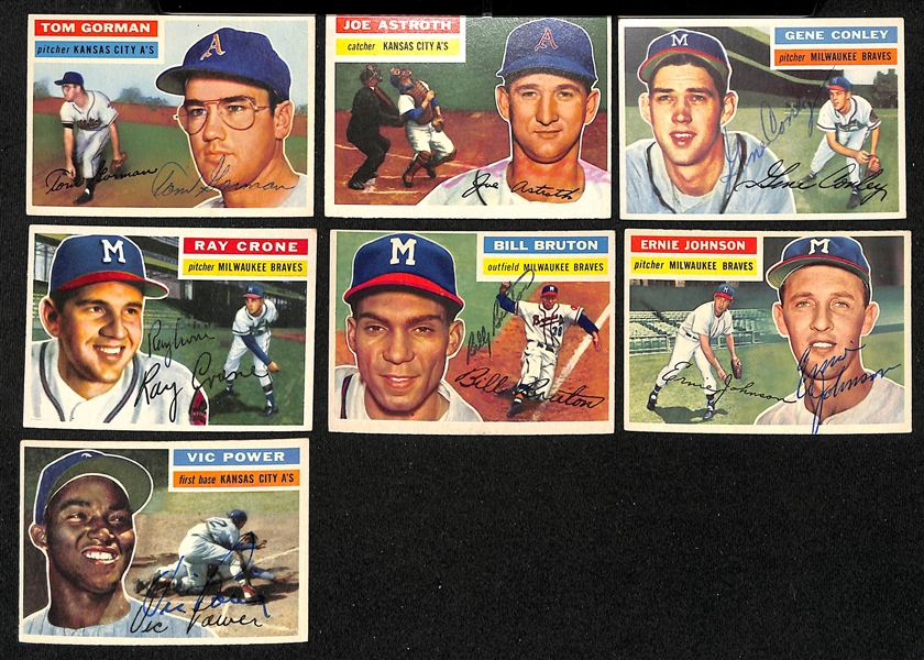 Lot of (27) Signed 1956 Topps A's & Braves w. Shantz, Kellner, Ditmar, Thomson, Pafko, Adcock, (2) Crandall, + (JSA Auction Letter) 