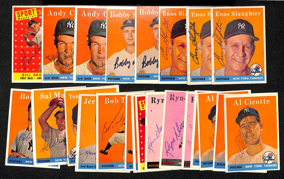 Lot of (26) Signed 1958 Topps Yankees Cards w. Skowron, (2) Carey, (2) Shantz, (3) Slaughter, + (JSA Auction Letter)  