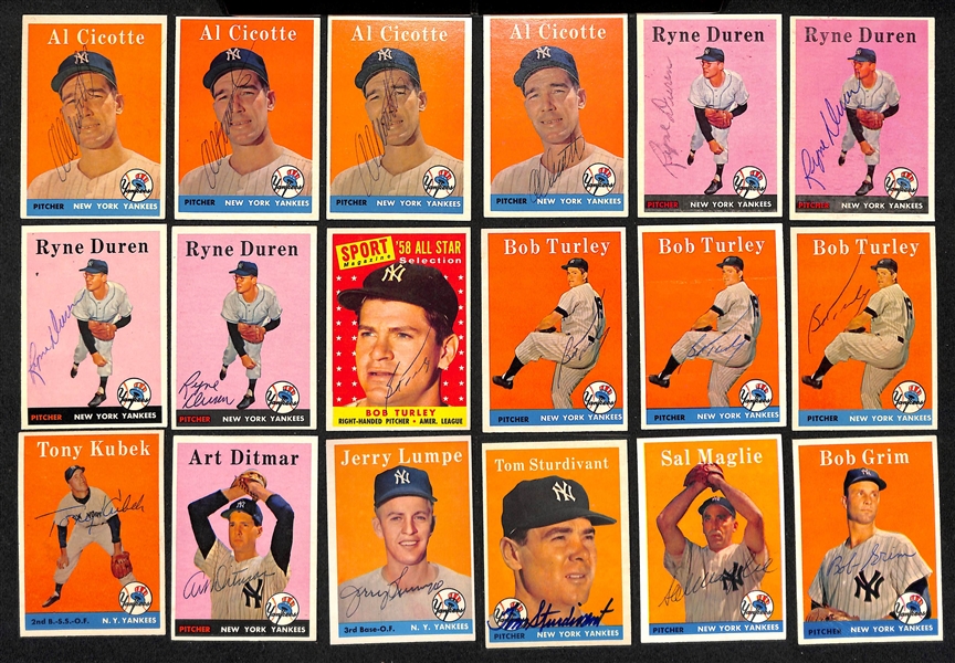 Lot of (26) Signed 1958 Topps Yankees Cards w. Skowron, (2) Carey, (2) Shantz, (3) Slaughter, + (JSA Auction Letter)  