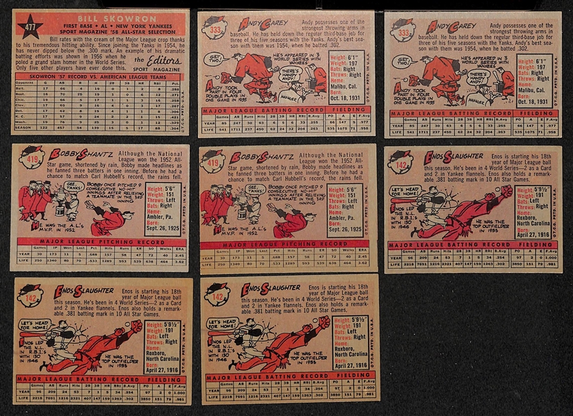 Lot of (26) Signed 1958 Topps Yankees Cards w. Skowron, (2) Carey, (2) Shantz, (3) Slaughter, + (JSA Auction Letter)  