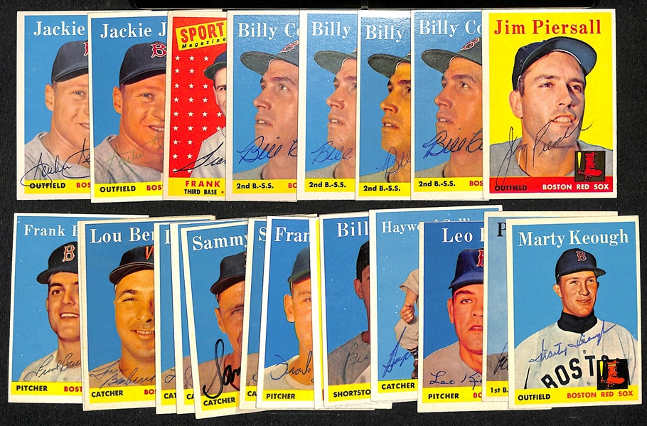 Lot of (26) Signed 1958 Topps Red Sox Cards w. (2) Jensen, Malzone, (4) Consolo, and Piersall, + (JSA Auction Letter)