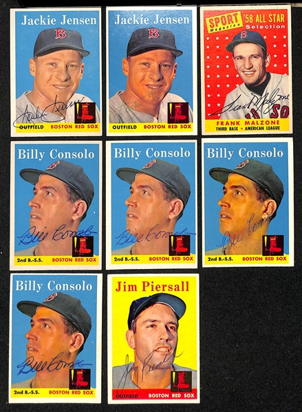 Lot of (26) Signed 1958 Topps Red Sox Cards w. (2) Jensen, Malzone, (4) Consolo, and Piersall, + (JSA Auction Letter)