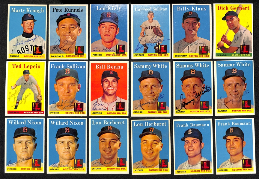 Lot of (26) Signed 1958 Topps Red Sox Cards w. (2) Jensen, Malzone, (4) Consolo, and Piersall, + (JSA Auction Letter)