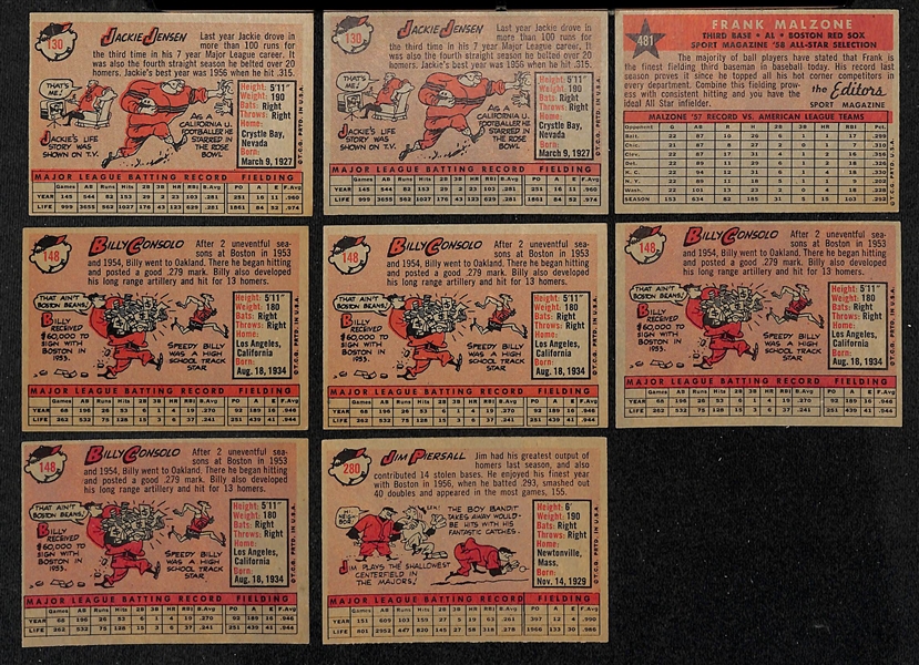 Lot of (26) Signed 1958 Topps Red Sox Cards w. (2) Jensen, Malzone, (4) Consolo, and Piersall, + (JSA Auction Letter)