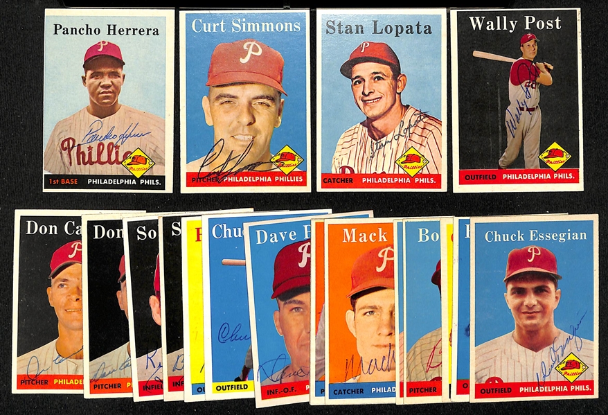 Lot of (20) Signed 1958 Topps Phillies Cards w. Herrera, Simmons, Lopata, and Post, + (JSA Auction Letter) 