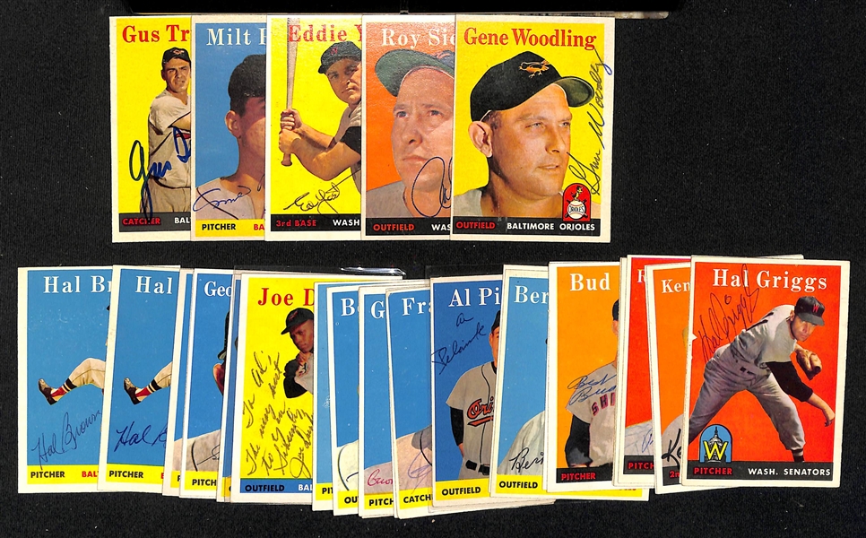 Lot of (29) Signed 1958 Topps Orioles & Senators Cards w. Triandos, Pappas, Yost, Sievers, and Woodling, + (JSA Auction Letter)