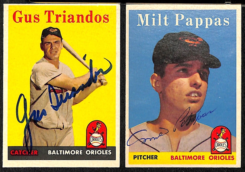 Lot of (29) Signed 1958 Topps Orioles & Senators Cards w. Triandos, Pappas, Yost, Sievers, and Woodling, + (JSA Auction Letter)