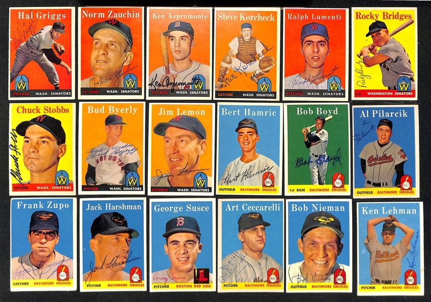 Lot of (29) Signed 1958 Topps Orioles & Senators Cards w. Triandos, Pappas, Yost, Sievers, and Woodling, + (JSA Auction Letter)