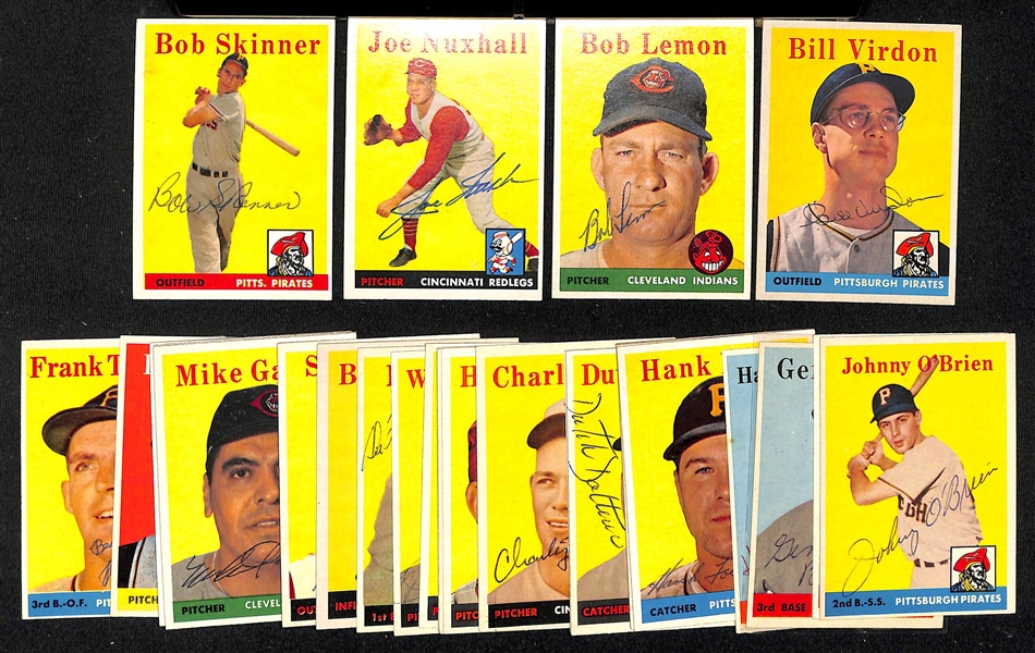 Lot of (29) Signed 1958 Topps Pirates, Indians, Reds Cards w. Skinner, Nuxhall, Lemon, and Virdon, + (JSA Auction Letter)