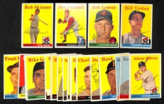 Lot of (29) Signed 1958 Topps Pirates, Indians, Reds Cards w. Skinner, Nuxhall, Lemon, and Virdon, + (JSA Auction Letter)