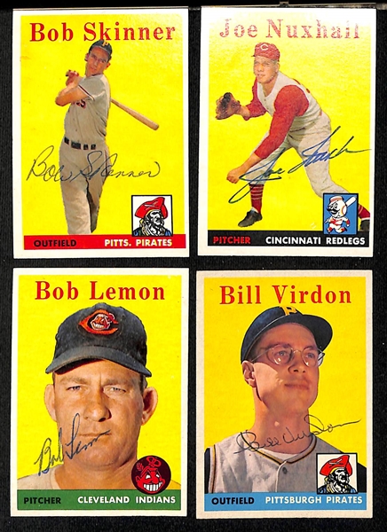 Lot of (29) Signed 1958 Topps Pirates, Indians, Reds Cards w. Skinner, Nuxhall, Lemon, and Virdon, + (JSA Auction Letter)