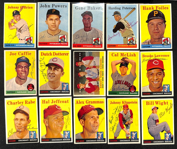 Lot of (29) Signed 1958 Topps Pirates, Indians, Reds Cards w. Skinner, Nuxhall, Lemon, and Virdon, + (JSA Auction Letter)