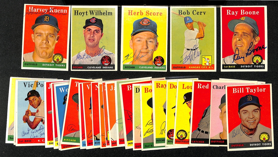 Lot of (33) Signed 1958 Topps A's, Indians, and Tigers Cards w. Kuenn, Wilhelm, Score, Cerv, and Boone, + (JSA Auction Letter)