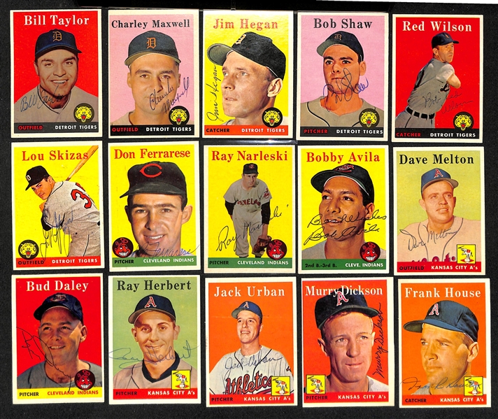 Lot of (33) Signed 1958 Topps A's, Indians, and Tigers Cards w. Kuenn, Wilhelm, Score, Cerv, and Boone, + (JSA Auction Letter)