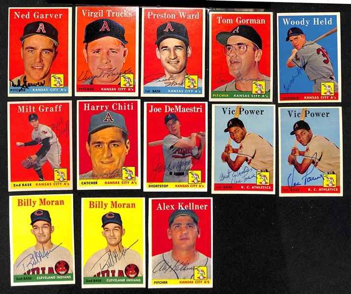 Lot of (33) Signed 1958 Topps A's, Indians, and Tigers Cards w. Kuenn, Wilhelm, Score, Cerv, and Boone, + (JSA Auction Letter)