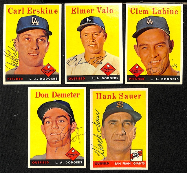 Lot of (26) Signed 1958 Topps Dodgers & NY Giants Cards w. Erskine, Valo, Labine, Demeter, and Sauer,  + (JSA Auction Letter)