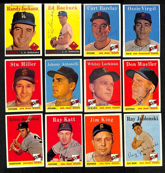 Lot of (26) Signed 1958 Topps Dodgers & NY Giants Cards w. Erskine, Valo, Labine, Demeter, and Sauer,  + (JSA Auction Letter)