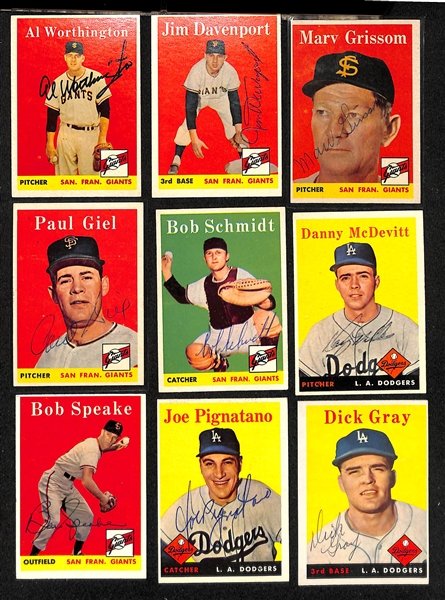 Lot of (26) Signed 1958 Topps Dodgers & NY Giants Cards w. Erskine, Valo, Labine, Demeter, and Sauer,  + (JSA Auction Letter)