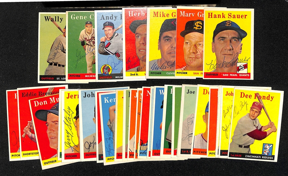 Lot of (33) Signed 1958 Topps Baseball Cards w. Moon, Conley, Pafko, Plews, Garcia, Grissom, and Sauer, + (JSA Auction Letter)