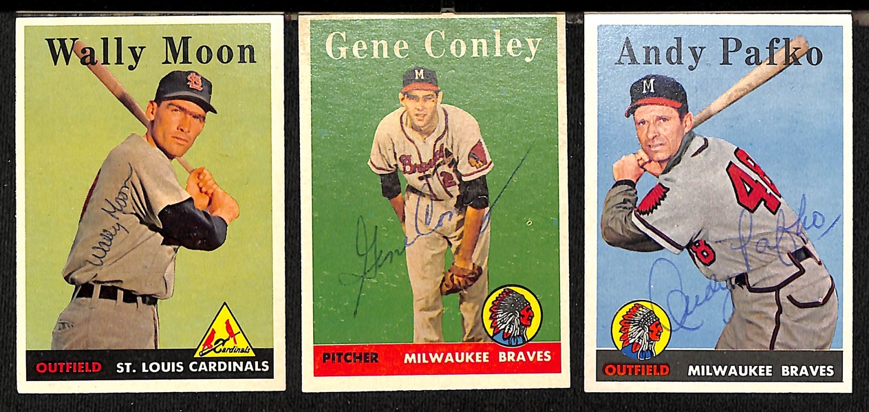 Lot of (33) Signed 1958 Topps Baseball Cards w. Moon, Conley, Pafko, Plews, Garcia, Grissom, and Sauer, + (JSA Auction Letter)