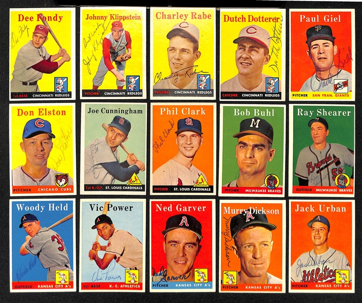 Lot of (33) Signed 1958 Topps Baseball Cards w. Moon, Conley, Pafko, Plews, Garcia, Grissom, and Sauer, + (JSA Auction Letter)