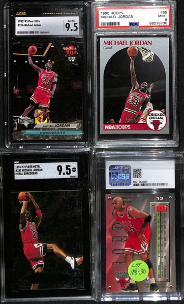 Lot of (8) Graded Michael Jordan Graded Basketball Cards w. 1994 SP # MJ1 GMA 9, 1992-93 Fleer Ultra # 216 CSG 9.5, 1990 Hoops # 65 PSA 9 and More 