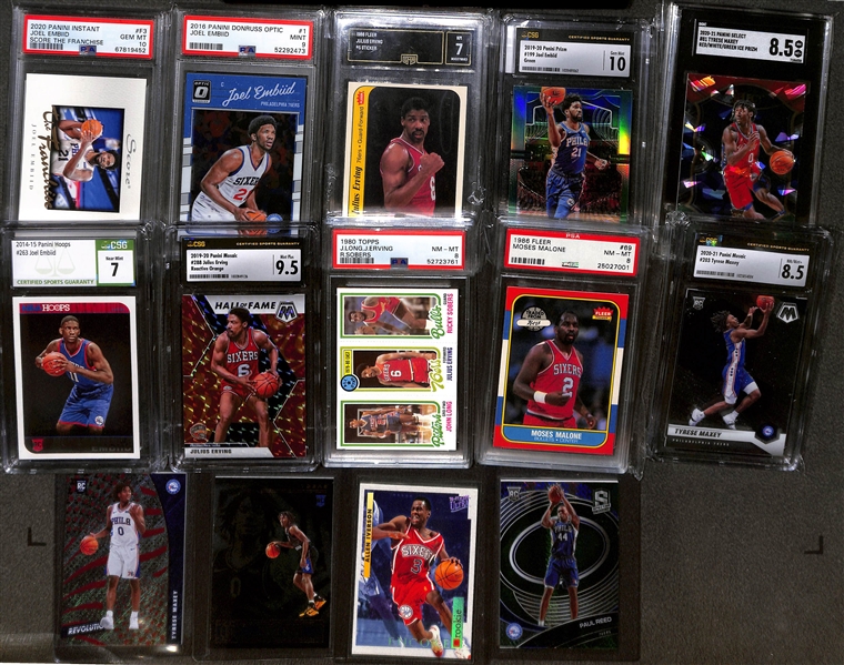 Lot of (20) Mostly Graded Philadelphia 76ers Lot w. (2) 1986 Fleer Julius Erving PSA 8s, Embiid, Iverson, and Maxey Rookies, More!