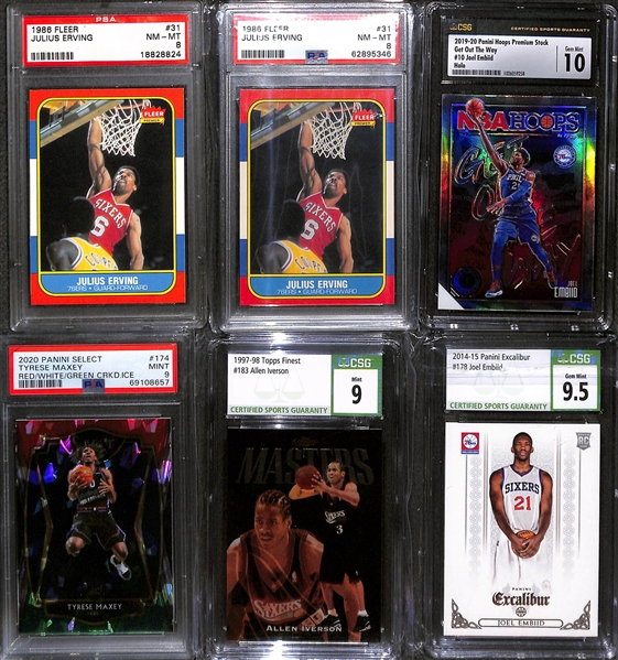 Lot of (20) Mostly Graded Philadelphia 76ers Lot w. (2) 1986 Fleer Julius Erving PSA 8s, Embiid, Iverson, and Maxey Rookies, More!