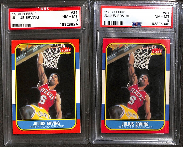 Lot of (20) Mostly Graded Philadelphia 76ers Lot w. (2) 1986 Fleer Julius Erving PSA 8s, Embiid, Iverson, and Maxey Rookies, More!